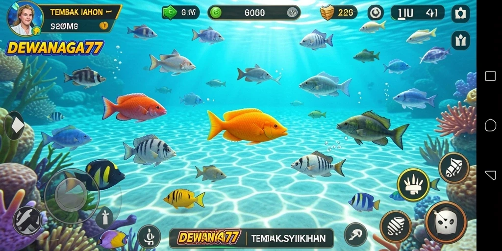 Tampilan gameplay seru DEWANAGA77 dengan aksi menembak ikan.