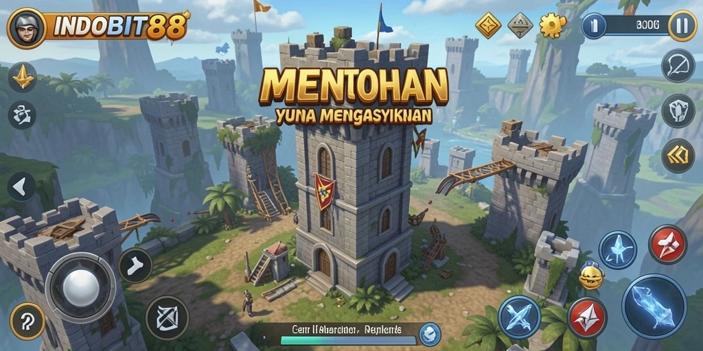 Tampilan gameplay INDOBIT88 dengan menara yang siap bertempur.