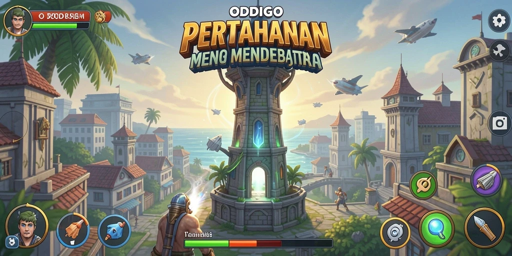 Tampilan gameplay ODDIGO dengan menara dan gelombang musuh yang menyerang.
