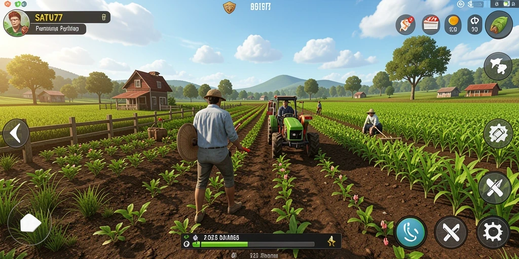 Screenshot utama SATU77 menampilkan para petani yang bekerja di ladang.