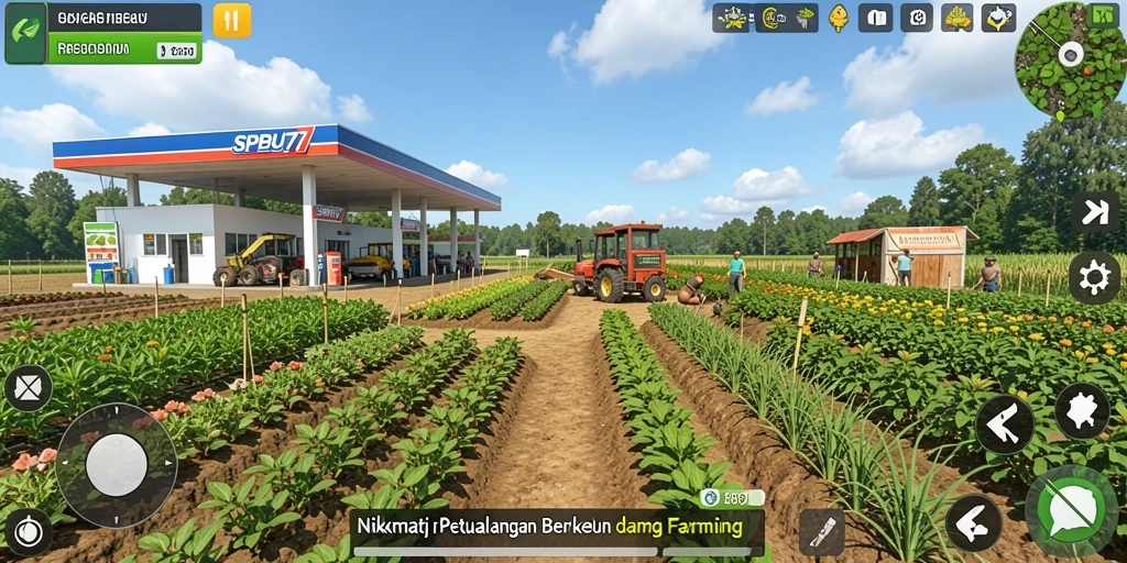 Tampilan menarik dari gameplay SPBU77 yang menunjukkan aktivitas berkebun.